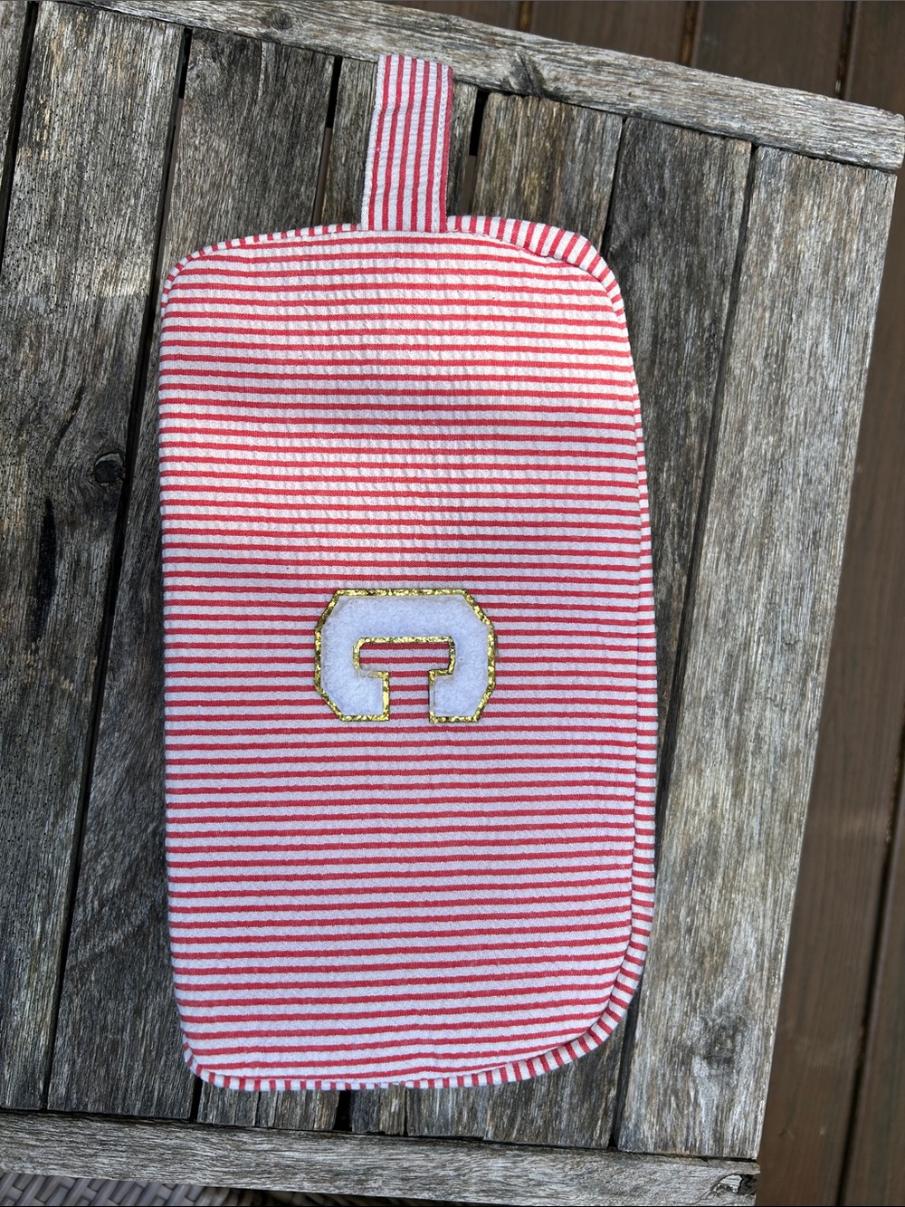 Striped Red and White Makeup Organizer Pouch with Gold Trim